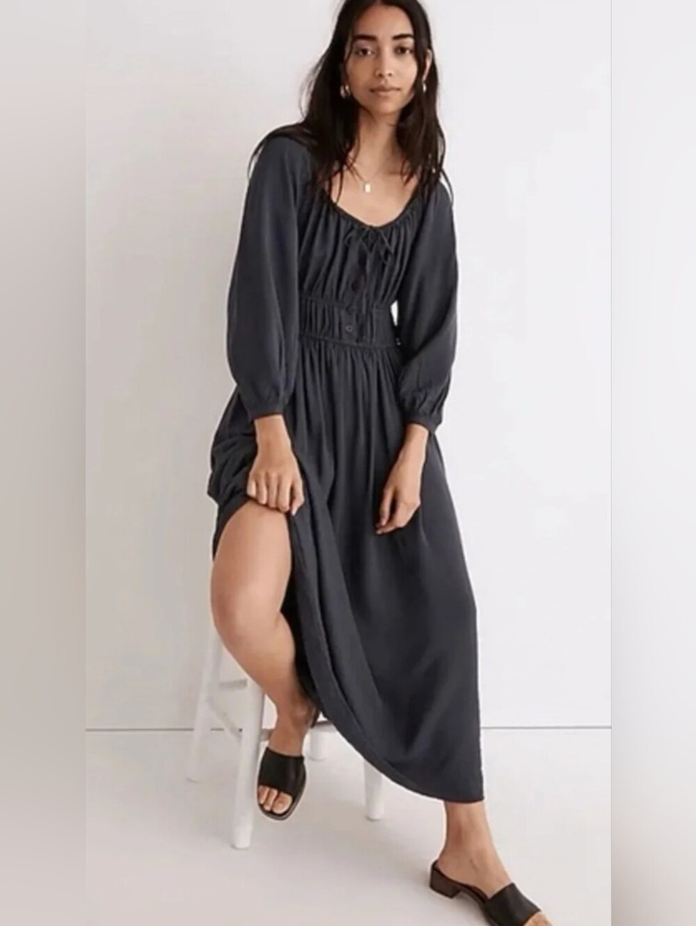 Madewell Twill Sophia Midi Dress In Dark Baltic Size XS
